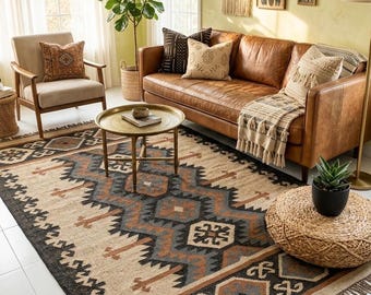 Alfombra Kilim de yute y lana tejida a mano, estilo Dhurrie indio a medida, alfombra estilo Boho para sala de estar.