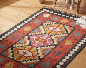 Tribal Geometric Carpet, Boho Farmhouse Living Room Rug, Aztec Style Wool Rug, Rustic Home Decor Southwestern Area Rug Handwoven  Kilim Rug