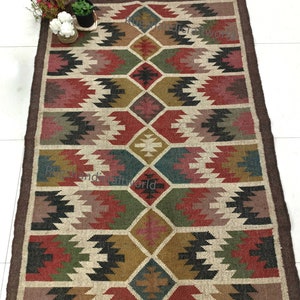 Indian Handmade Dhurrie Rug, Custom Rug Handwoven Jute Kilim Rug, Brown Border Wool Kilim Jute Rug, Flatweave Wool Rug Entryway Bohemian Rug