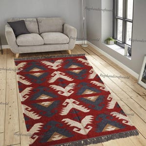 Handwoven Kilim Wool Rug | Large Area Rug 9x12 | Modern Oushak Rug | Turkish Wool Rug For Bedroom | 8x10 Red Rug | Geometric Wool Jute Rug