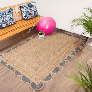 Natural jute Rug Scallop, Handmade Braided Jute Area Rug, boho chic Rug, Natural Jute Rug, Rectangular Jute Rug, Custom Jute Rug, Large rug