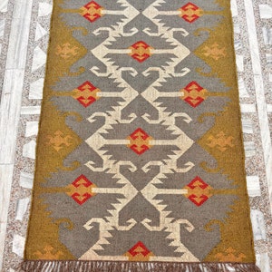 3x12 Ft Custom Wool Jute Kilim Runner Rug, Handwoven Colorful Stairway Geometric Bohemian Farmhouse Living Room Decor Indoor/Outdoor Rug