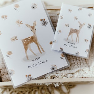 Personalized U booklet cover / vaccination card cover as a gift for birth / examination booklet cover / vaccination card cover / scattered flowers deer