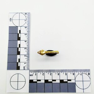 May include: A gold-toned pen nib with a single clear rhinestone on the tip. The nib is mounted on a black display stand.
