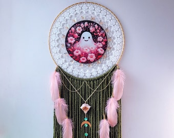 Ghostly Garden, large dreamcatcher, native American made, Halloween, spooky cute, spooky art, unique wall art, unique gifts, pink home decor