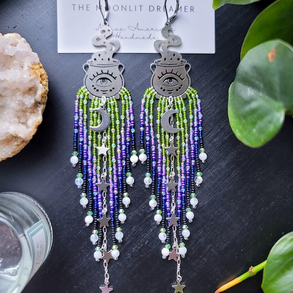 PRE-ORDER, Witches brew, beaded jewelry, beaded earrings, long earrings, Halloween earrings, goth earrings, witchy jewelry, spooky season