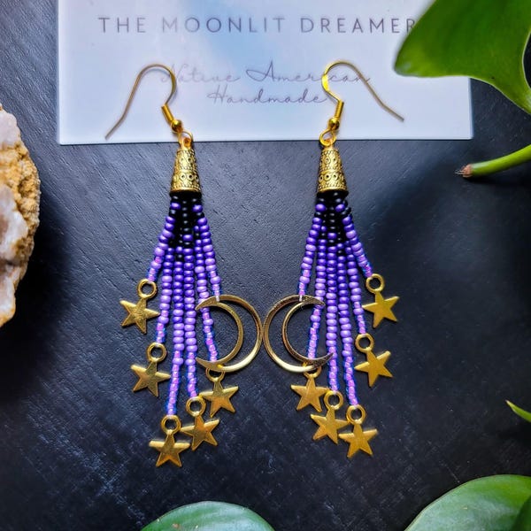 PRE-ORDER, Moon and Stars, beaded earrings, moon earrings, fringe earrings, dangle earrings,  Native American made, moon jewelry