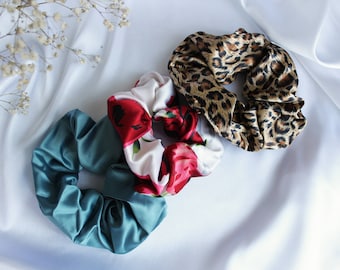 Set of 3 Scrunchies, Silk Scrunchie,  Satin Scrunchie, Emerald hair tie, Hair Scrunchies,  Women’s Hair Scrunchies, high quality