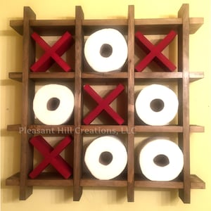 Tic Tac Toe Toilet Paper Holder Original Style, Bathroom Organizer Bathroom Rustic Wall Decor Toilet Paper Display Fun Home Decor MEDIUM BROWN WALNUT