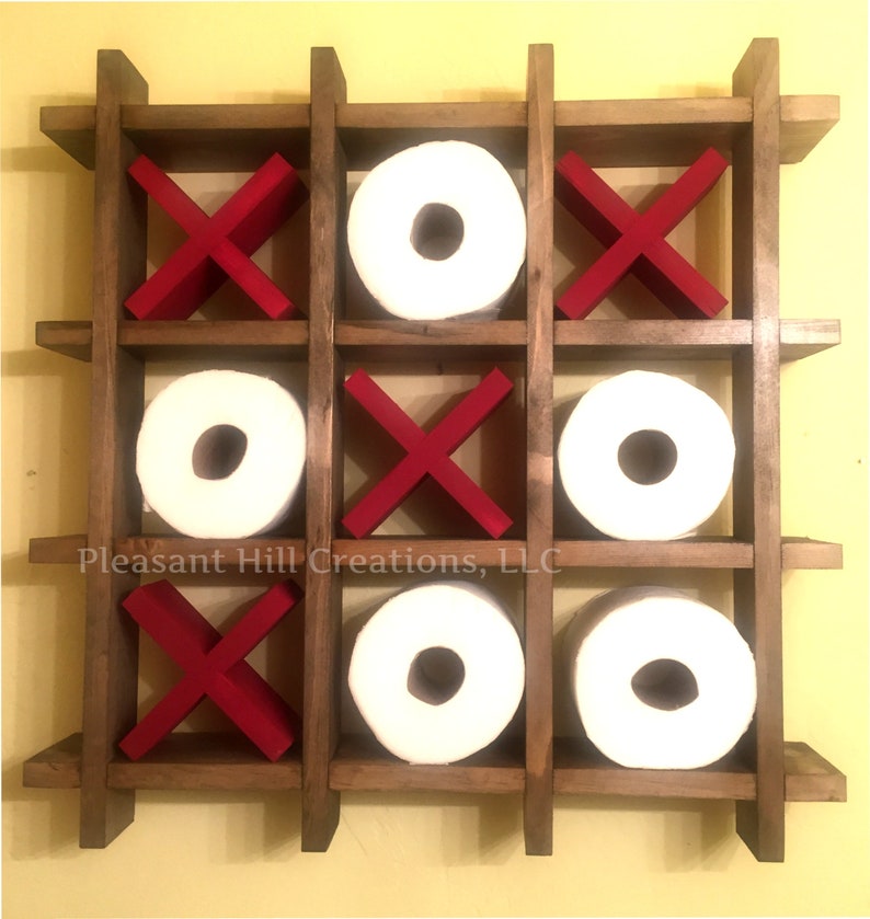 Tic Tac Toe Toilet Paper Holder Original Style, Bathroom Organizer Bathroom Rustic Wall Decor Toilet Paper Display Fun Home Decor MEDIUM BROWN WALNUT