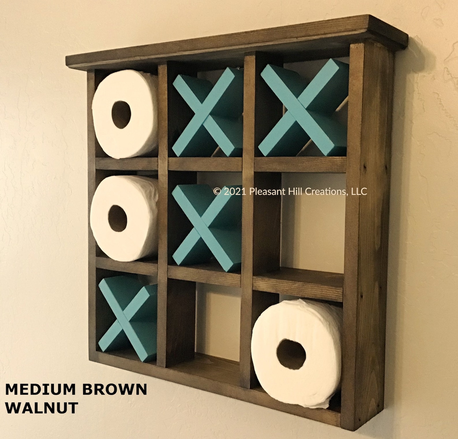 Tic tac toe toilet paper holder, Wood toilet paper shelf, Wall mounted tic tac toe bathroom storage holder, whimsicle home decor - Turquoise, Medium Brown Walnut