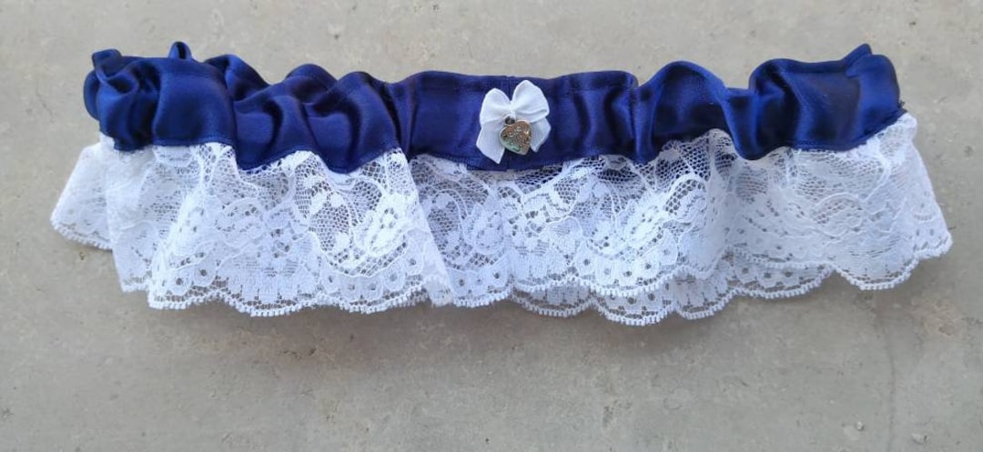 JIEYAO Set 2 Giarrettiere Sposa Bianche Con Cristalli Blu - Giarrettiere In Pizzo Elastico Regolabili 40-60 Cm - Accessorio Matrimonio Con Strass