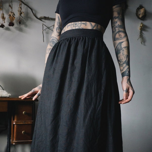 Black Linen Skirt / Wrap Skirt / Mid length / Hand made / Slow fashion