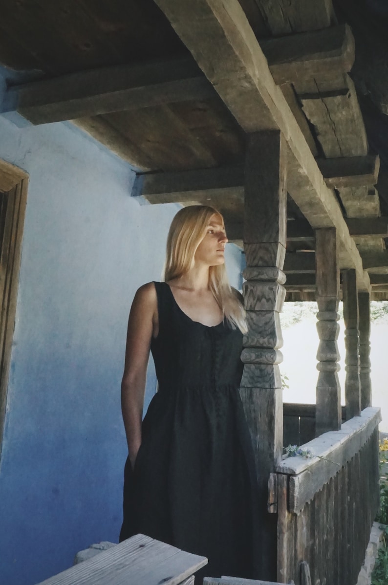 Black linen sundress / Lacing dress / Witch style image 9