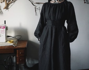 Chemise dress / Black linen / Lace-up belt / Goth / Witch style / Hand made