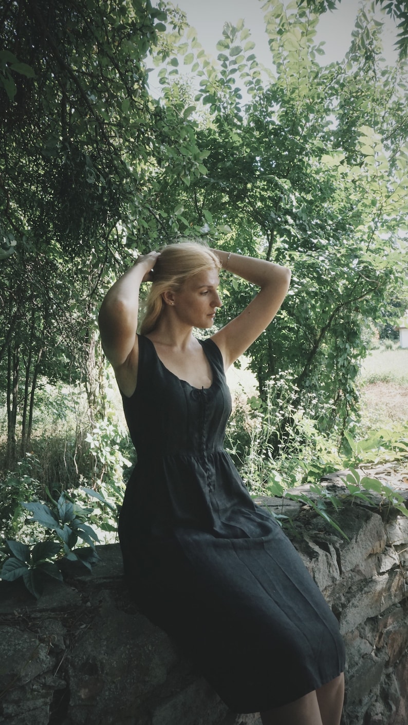 Black linen sundress / Lacing dress / Witch style image 1