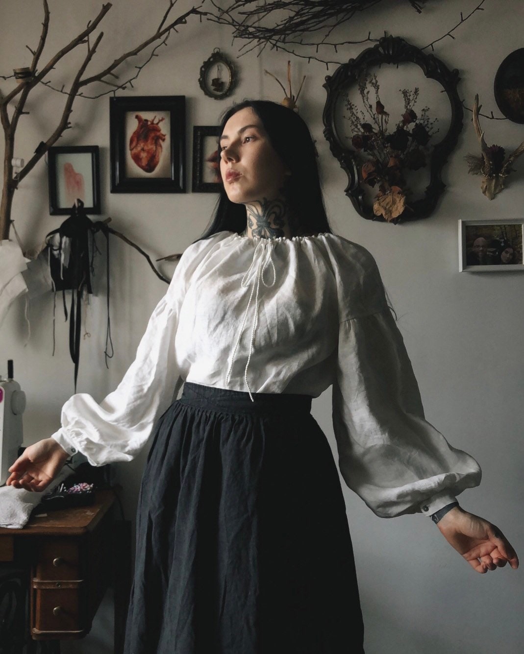 Linen blouse / Cottagecore Peasant Folk Drawstring neckline