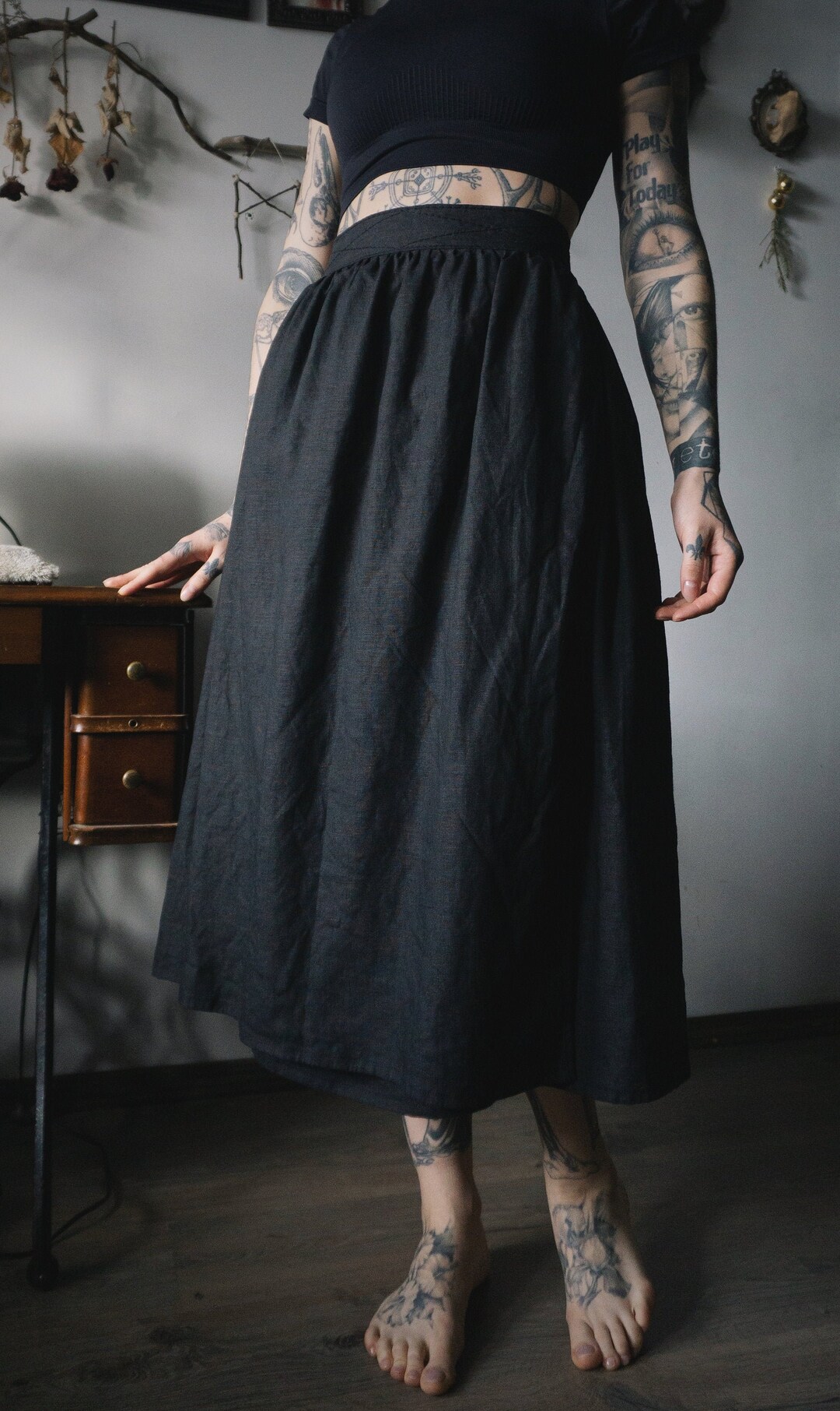 Black Linen Skirt Wrap Skirt Mid Length Hand Made Slow Fashion black-linen-skirt-wrap-skirt-mid-length-hand-made-slow-fashion