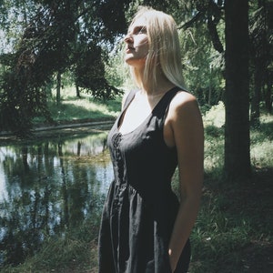 Black linen sundress / Lacing dress / Witch style image 3