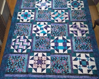 Blue Orchid Sampler Quilt, new, fat quarter friendly, twin, focus fabric