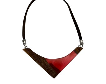 Collana Noce Nero con Resina Magenta Ruggine, Collana Regolabile in Pelle Marrone, Dettagli Argento 925
