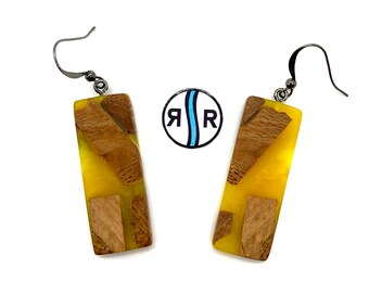 Radica d'acero con vibrante resina giallo limone, orecchini ultra leggeri.