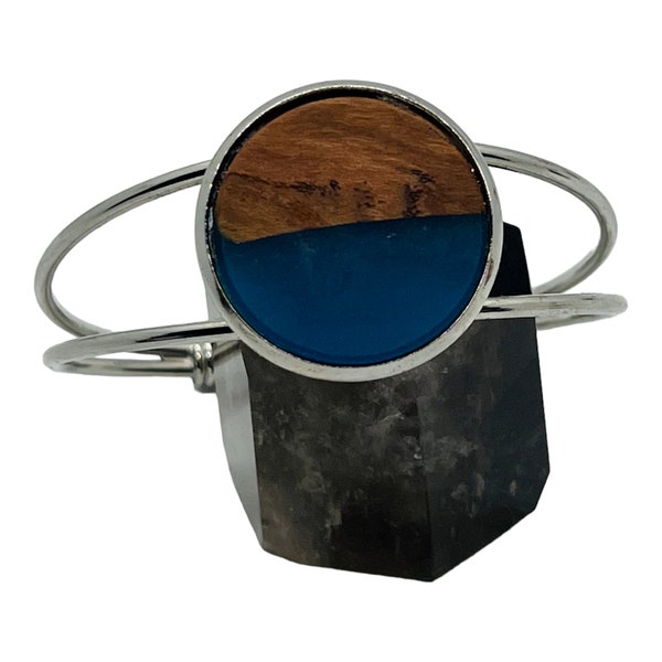 Steel Cuff Bracelet with Cherry Wood and Deep Blue Resin, Ultra Light Weight.