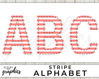 Striped Alphabet Clipart - Digital PNG Pink Preppy Pattern - Faux Applique - Alphabet Font with Stripes - Instant Download - Commercial Use