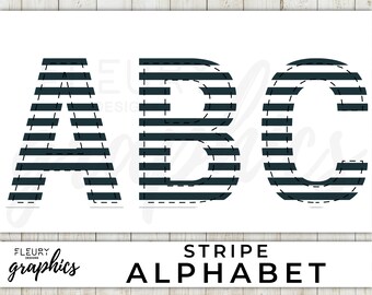Striped Alphabet Clipart - Digital PNG Navy Preppy Pattern - Faux Applique - Alphabet Font with Stripes - Instant Download - Commercial Use