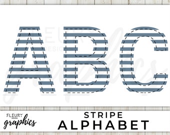 Striped Alphabet Clipart - Digital PNG Blue Preppy Pattern - Faux Applique - Alphabet Font with Stripes - Instant Download - Commercial Use