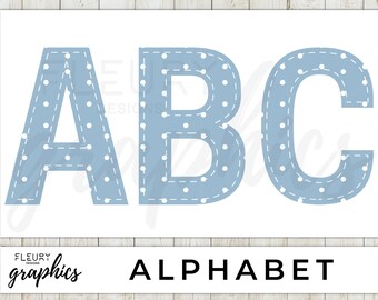 Dots Alphabet Clipart - Digital PNG Blue Preppy Pattern Faux Applique Alphabet Font with Dots Instant Download Commercial Use Fonts Complete