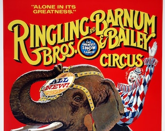 Ringling Bros. Barnum and Bailey Circus Original Vintage Poster - 200 Years Clown Riding an Elephant c1975