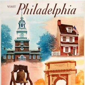 May include: A vintage travel poster advertising a visit to Philadelphia, Pennsylvania. The poster features iconic landmarks such as Independence Hall, the Liberty Bell, Betsy Ross House, and the National Memorial Arch at Valley Forge. The poster also includes a cityscape view of Philadelphia and the text "Go by Train Pennsylvania Railroad".