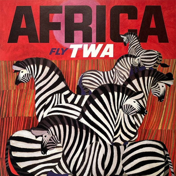 Origiinal David Klein Fly TWA Africa Zebras Poster - Welcome c1960