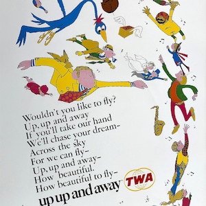 Pôster original vintage da música Up Up and Away da TWA, c. 1960