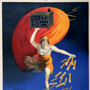 May include: A vintage poster advertising "Pâte Éclair" stove polish in tubes. A woman in a flowing orange dress holds a black stove high above her head, while tubes of polish fall from her other hand. The poster has a vibrant red, orange, and blue colour scheme.