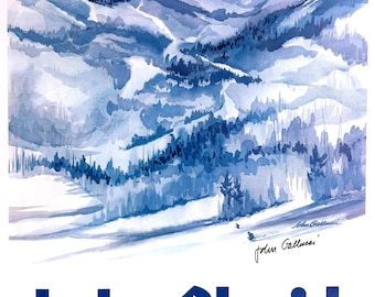 Póster original de los Juegos Olímpicos de Invierno de Lake Placid 1980 - Texto de montaña | Póster vintage firmado a mano por John Gallucci
