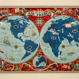 Póster del mapa original de Air France Planishere creado por Lucien Boucher en 1952