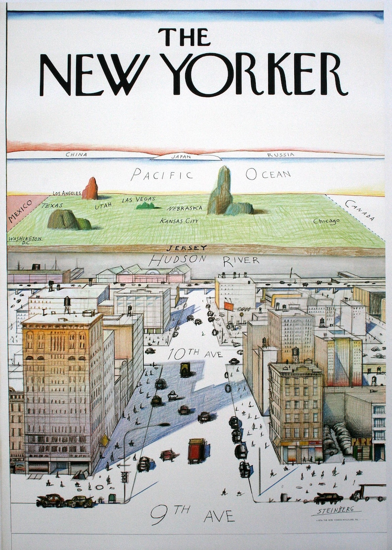 May include: An illustration from The New Yorker magazine. The artwork shows a stylized map of the USA and the Pacific Ocean above a New York City street scene. The text "THE NEW YORKER" is at the top of the image.