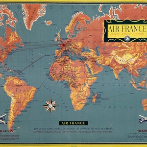 Original Vintage Air France World Route Map Vickers Viscount Poster 1956 Constellation