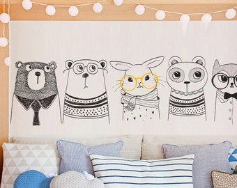 Scandinavian-style nursery wall decal with cute animals, black and white wall decal, minimalist wall sticker, peel and stick, removable