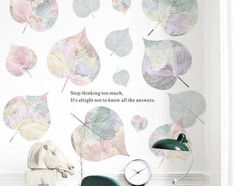 Pastel color leaves wall decal, wall sticker with inspirational quotes, pastel wall decor, adhesive peel and stick, botanical pastel rainbow