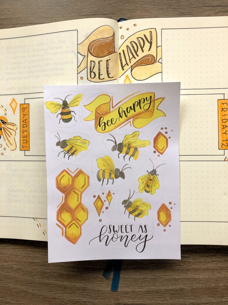 bee happy sticker sheet aesthetic bullet journal stickers etsy