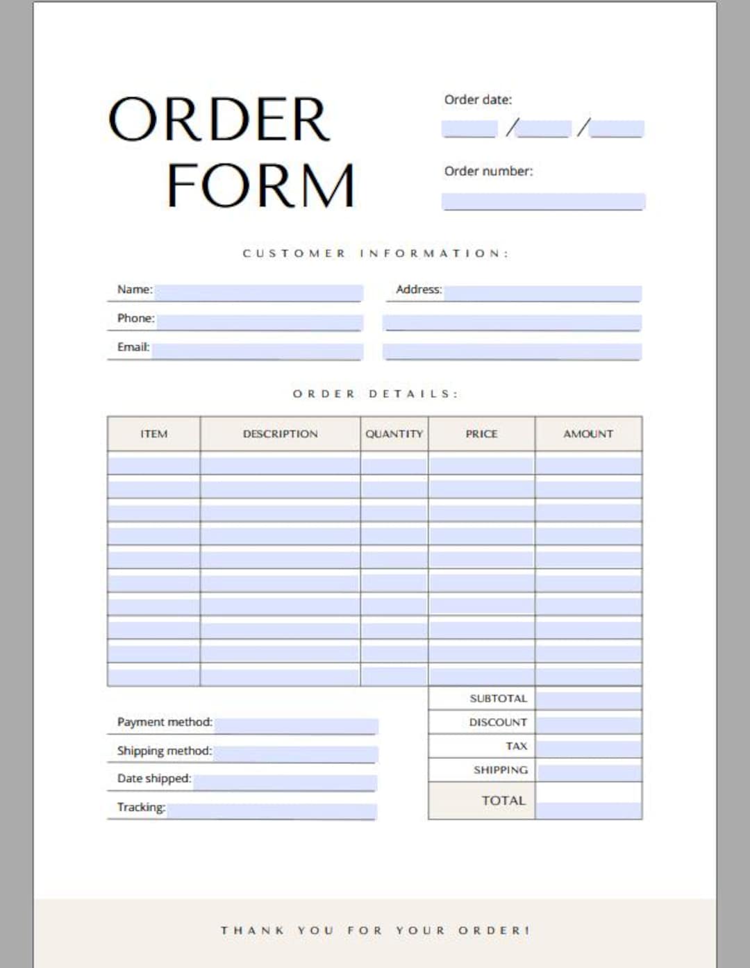 Fillable Order Form Template Printable, Order Form for Small Business ...
