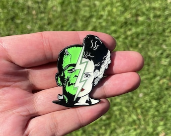 Bride & Frankenstein Half Face Glow in the Dark Enamel Pin