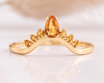 Elegant Pear Citrine Curved Wedding Band, 14k Yellow Gold November Birthstone Chevron Stacking Ring