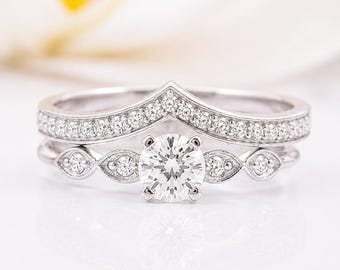 Elegant CZ-brudringsset, sterlingsilver med två ringar, böjt bröllopsset för henne