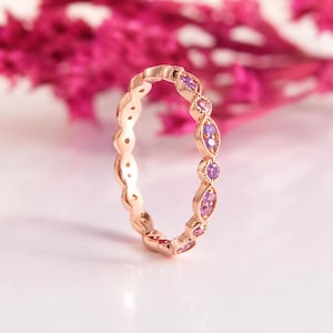 Dainty 14K Rose Gold Amethyst Eternity Wedding Band, Art Deco Stacking Ring, February Birthstone Ring