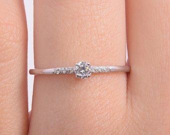 14k Solid White Gold Dainty Promise Ring for Her, Womens Promise