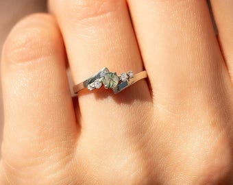 Women dainty moss agate engagement ring, Unique minimalist 14k white gold moss agate promise ring for her, Bypass ring, Bridal wedding ring